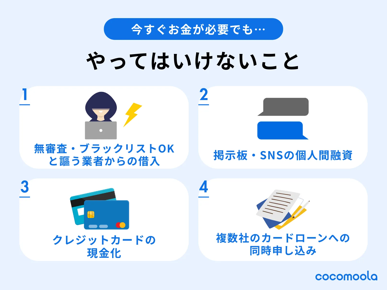 今すぐお金が必要でもやってはいけないこと。①無審査・ブラックリストOKと謳う業者からの借入②掲示板・SNSの個人間融資③クレジットカードの現金化④複数社のカードローンへの同時申し込み