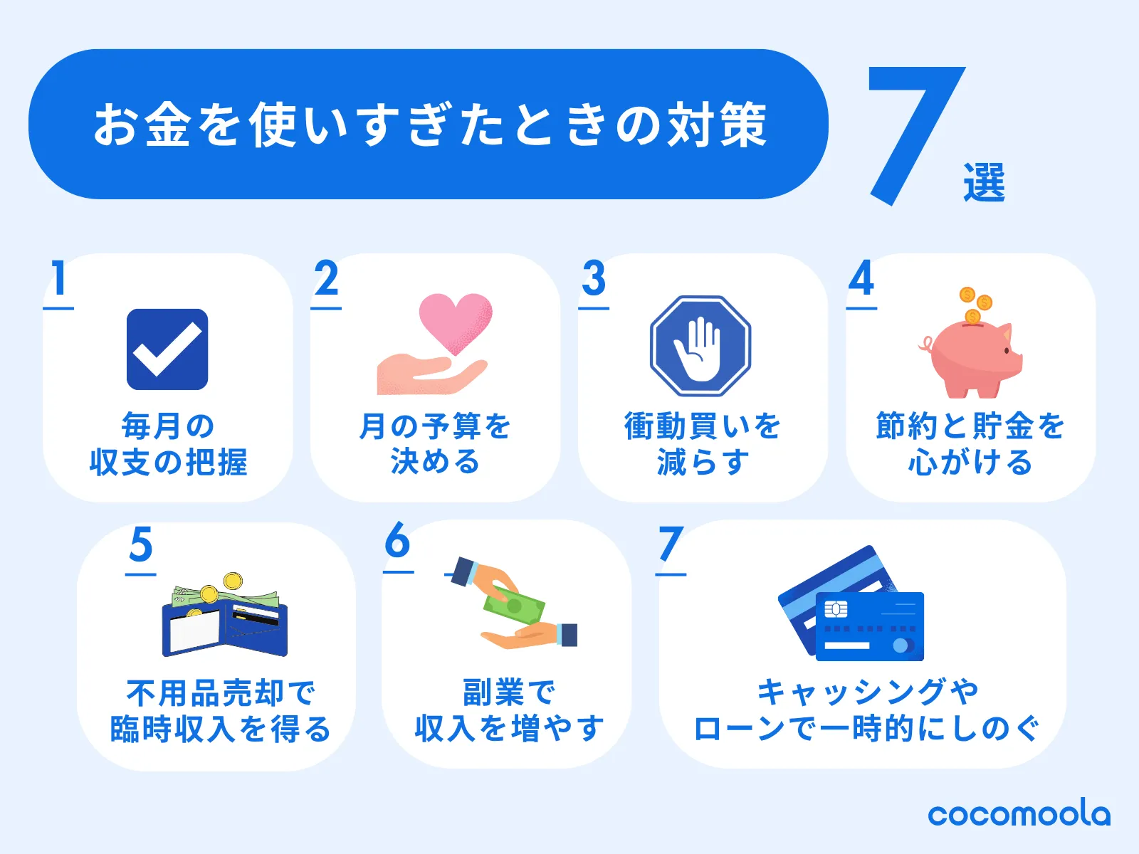 お金を使いすぎてしまったときの対策7つが挙げられている。