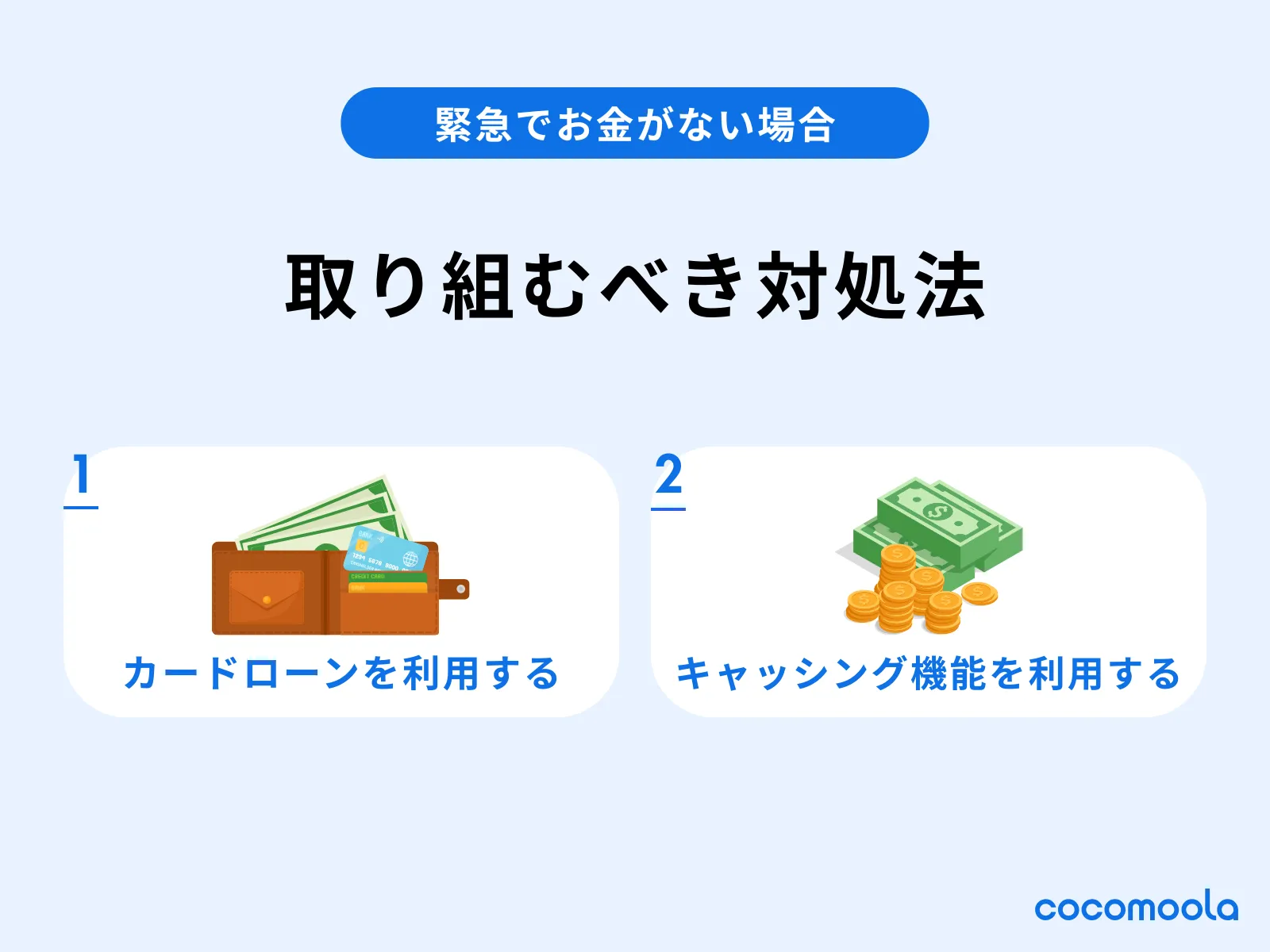 緊急でお金がないときの対処法。①カードローンを利用する②キャッシング機能を利用する