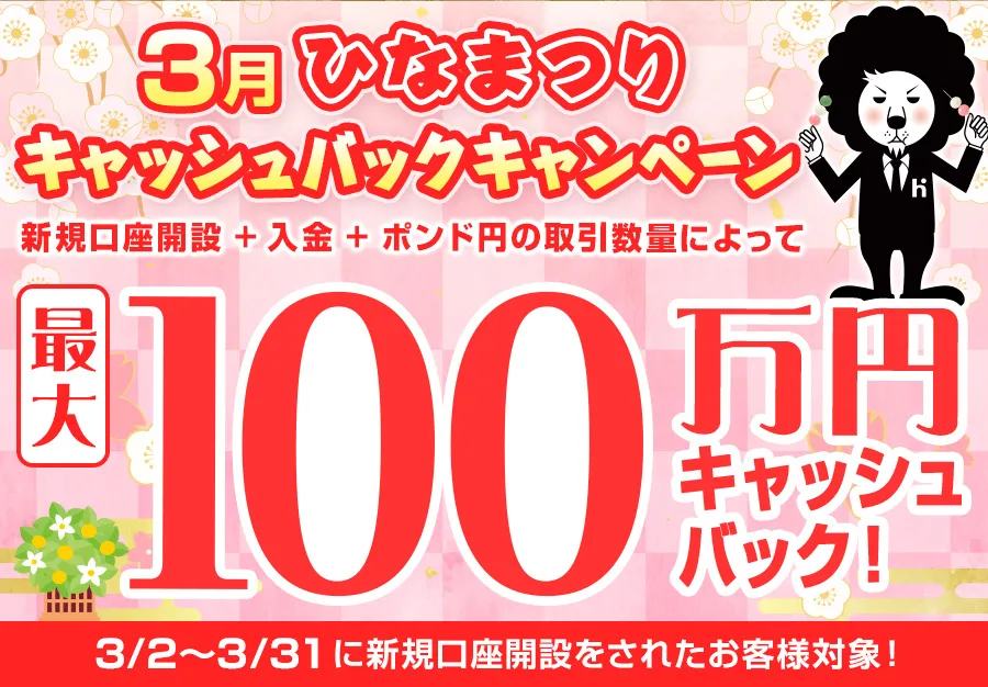 ヒロセ通商3月ひなまつり100万円キャッシュバックバナー