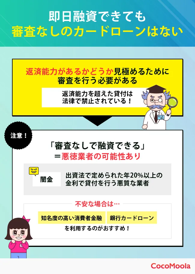 即日融資できても審査なしのカードローンは存在しないことを示した図。審査なしと謳うカードローンは闇金の可能性がある。