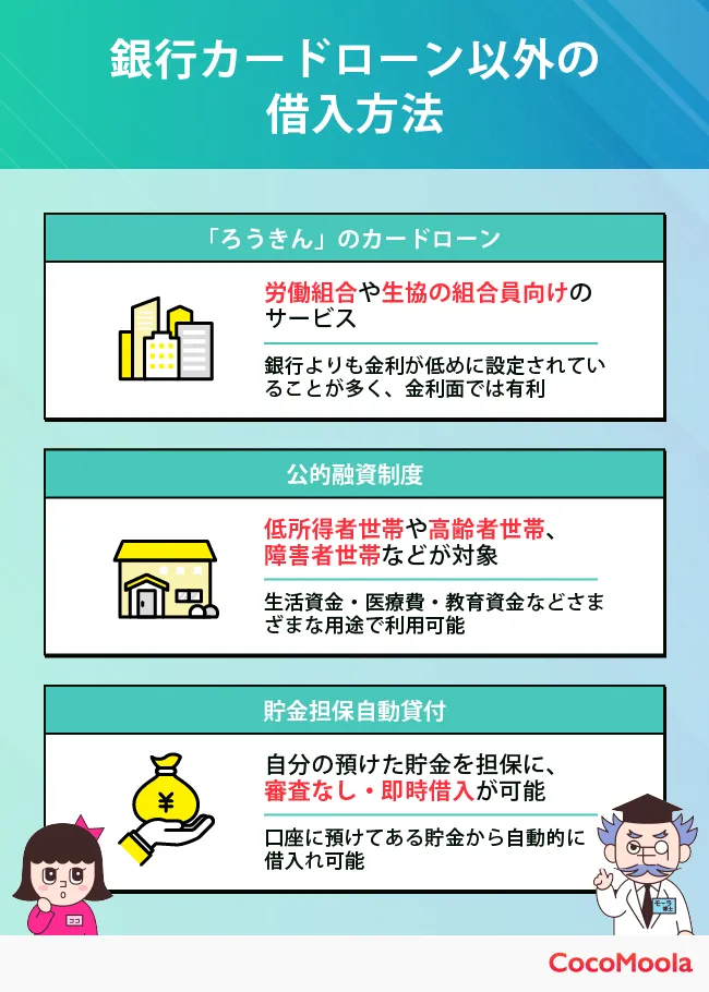 銀行カードローン以外の借入方法がまとまっている図。審査に落ちてしまった場合の選択肢を提示している